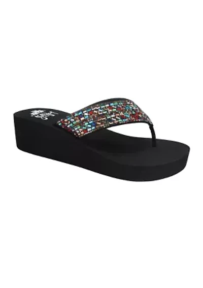 Sooya Beaded Wedge Thong Flip Flop Sandals