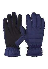 Quilted Pongee Insulated Water Repellent and Touchscreen Gloves with Gathered Wrist Clips