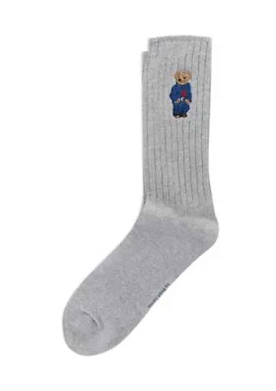 Embroidered Denim Bear Crew Socks