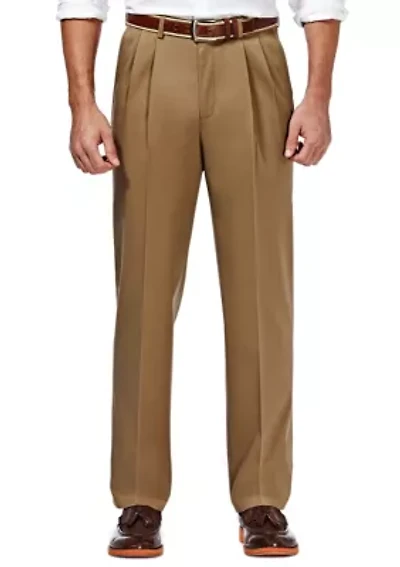 Premium Stretch No Iron Khaki Classic Fit Hidden Expandable Waistband Pleated Pants