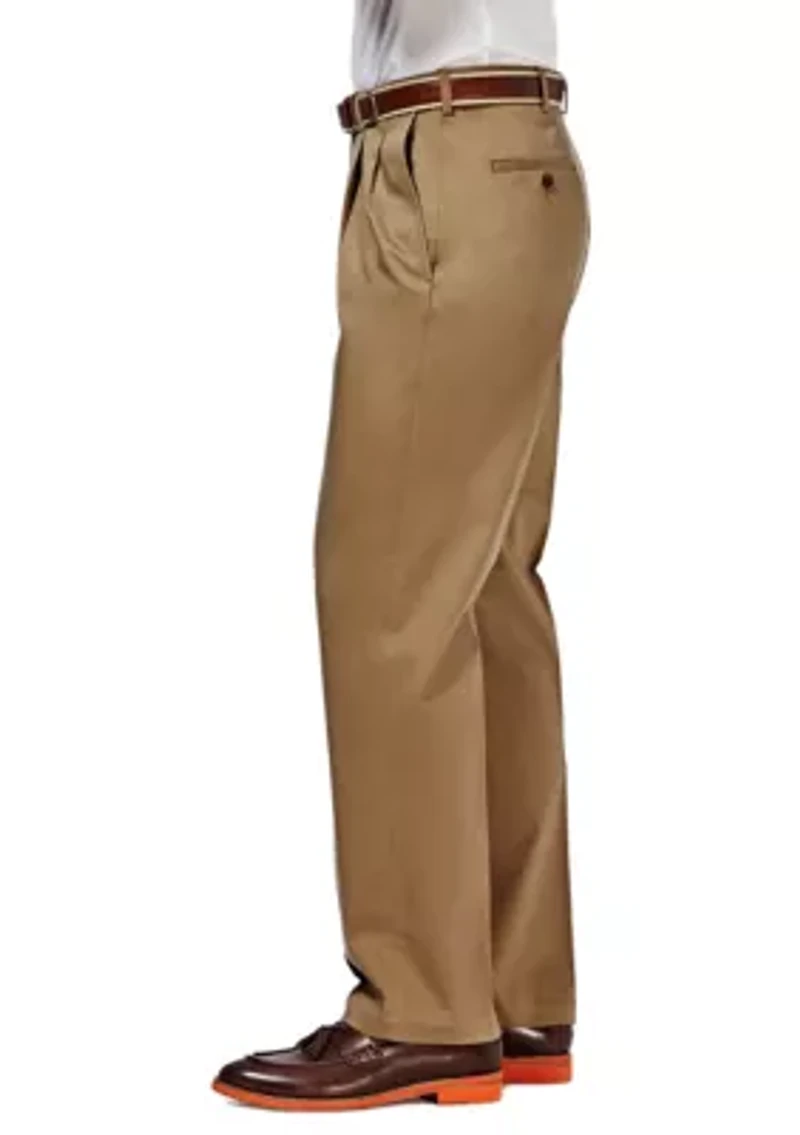 Premium Stretch No Iron Khaki Classic Fit Hidden Expandable Waistband Pleated Pants