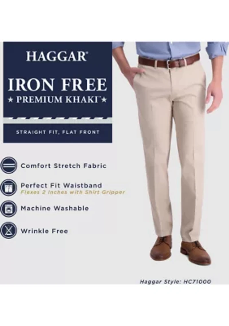 Men's Iron Free Premium Khaki Straight Fit Flat Front Hidden Comfort Waistband Casual Pants