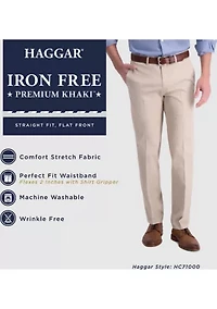 Men's Iron Free Premium Khaki Straight Fit Flat Front Hidden Comfort Waistband Casual Pants