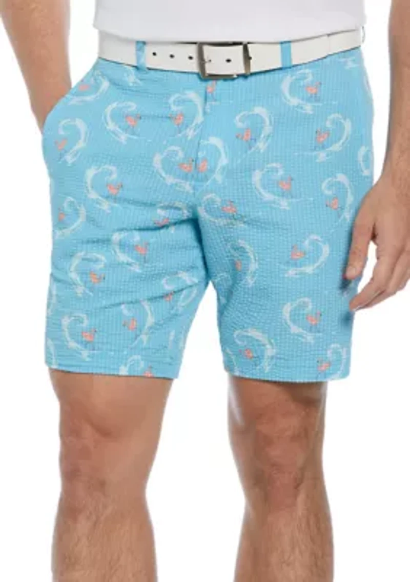8" Seersucker Flamingo Print Golf Shorts