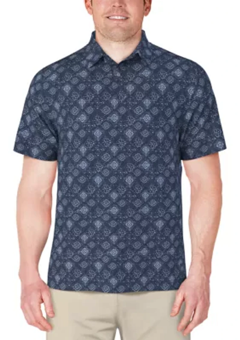 Men's Textured Medallion Print Short Sleeve Golf Polo Shirt