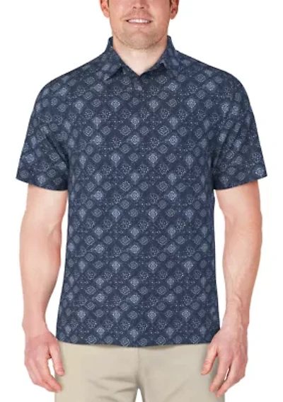 Men's Textured Medallion Print Short Sleeve Golf Polo Shirt