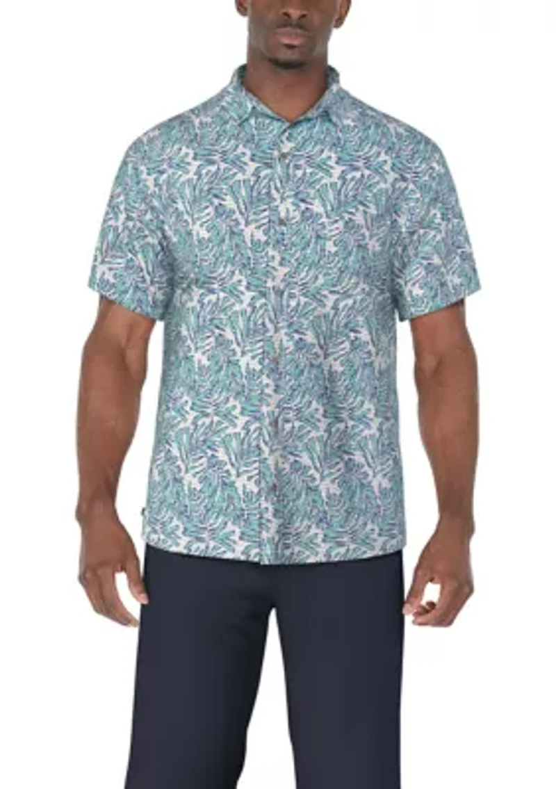 Men's Seersucker Palm Print Short Sleeve Button-Down Golf Shirt
