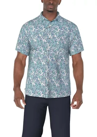 Men's Seersucker Palm Print Short Sleeve Button-Down Golf Shirt