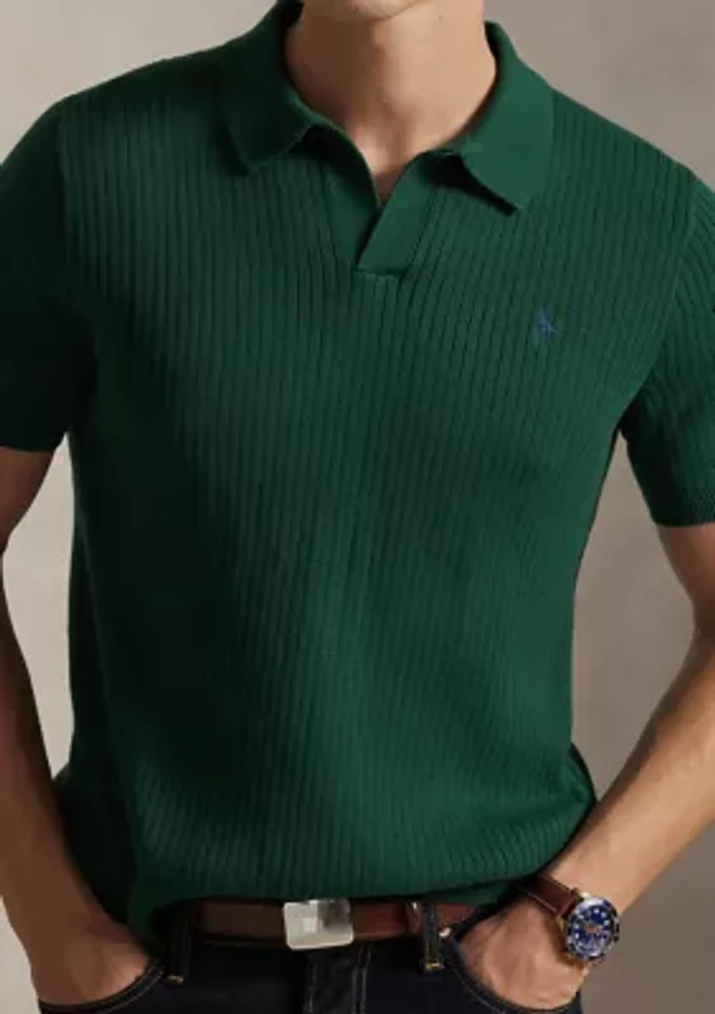 Rib-Knit Cotton Polo-Collar Sweater