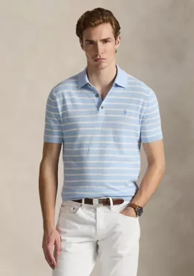 Striped Cotton-Linen Polo-Collar Sweater