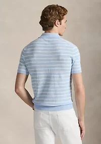 Striped Cotton-Linen Polo-Collar Sweater