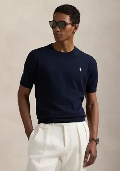Cotton Crewneck Short-Sleeve Sweater