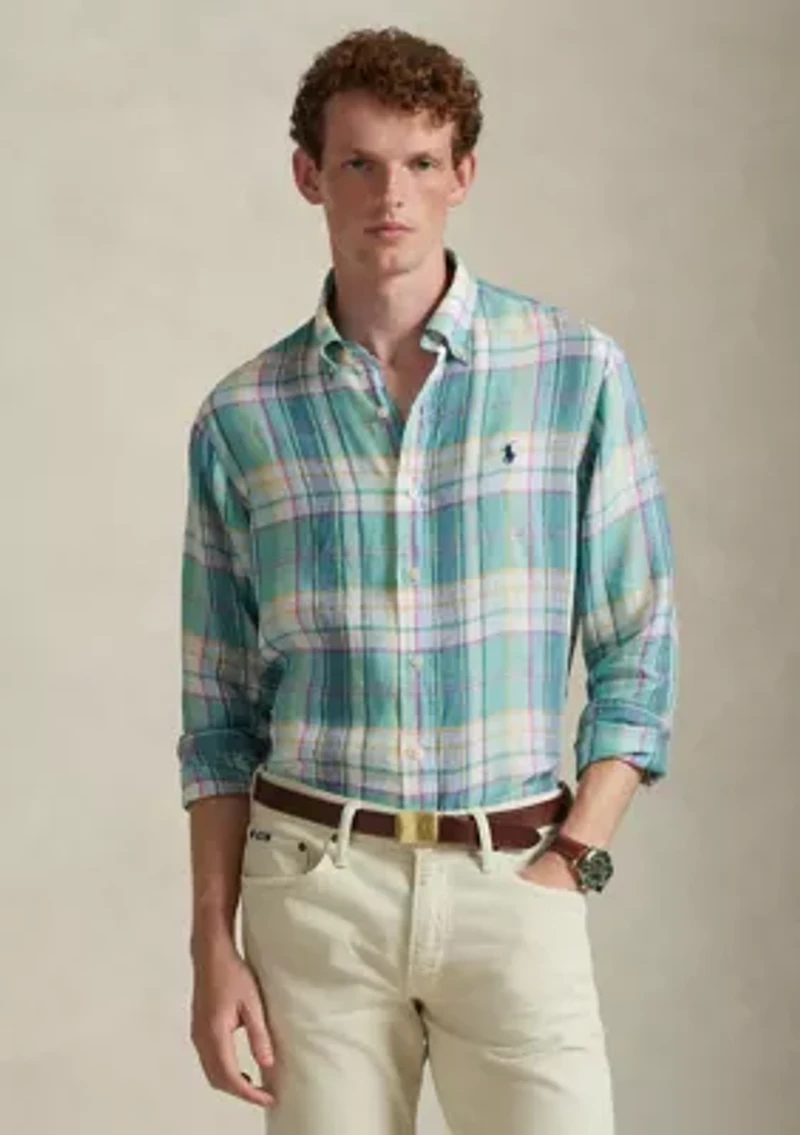 Men's Classic Fit Plaid Linen Shirt