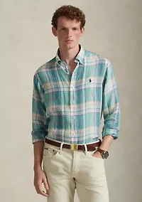 Men's Classic Fit Plaid Linen Shirt