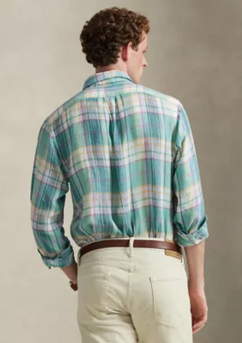 Men's Classic Fit Plaid Linen Shirt