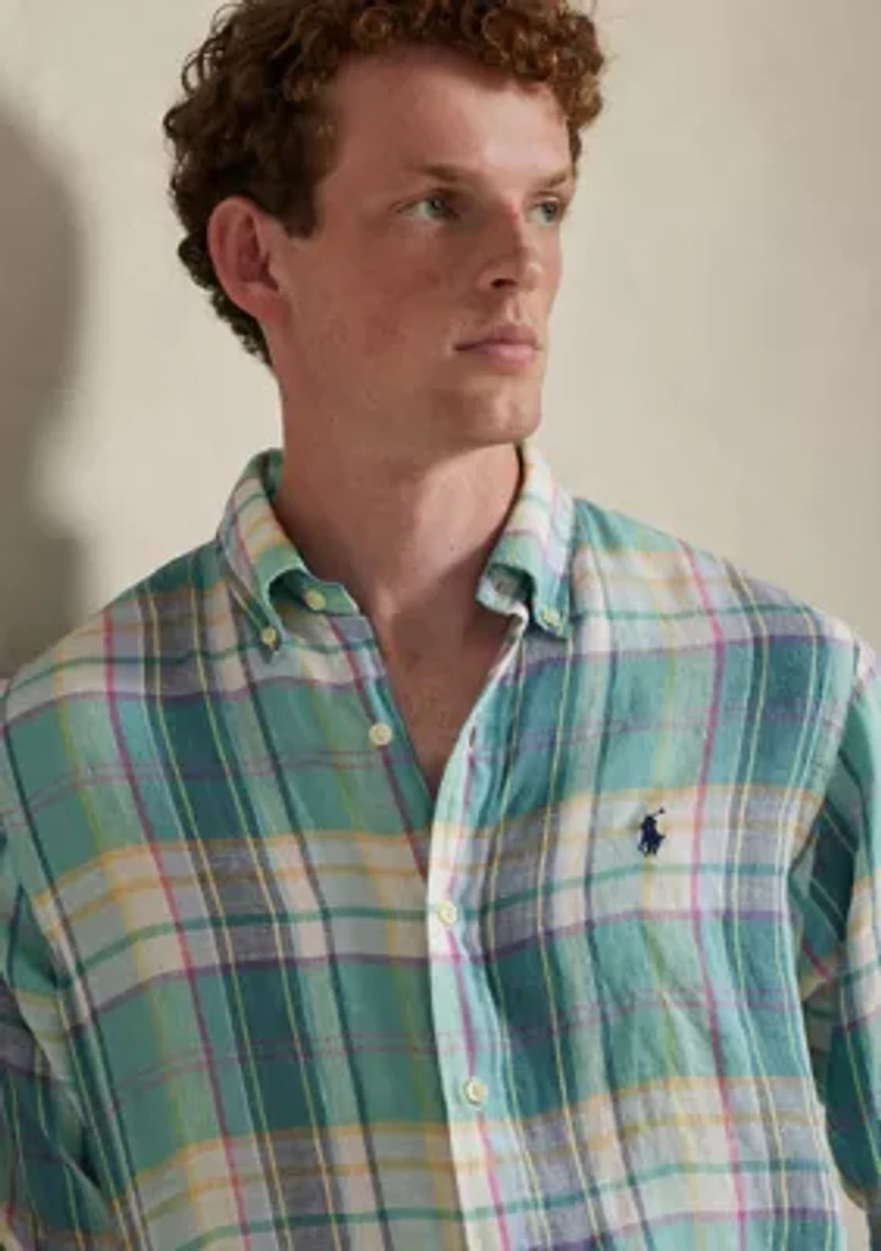 Men's Classic Fit Plaid Linen Shirt