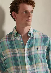 Men's Classic Fit Plaid Linen Shirt