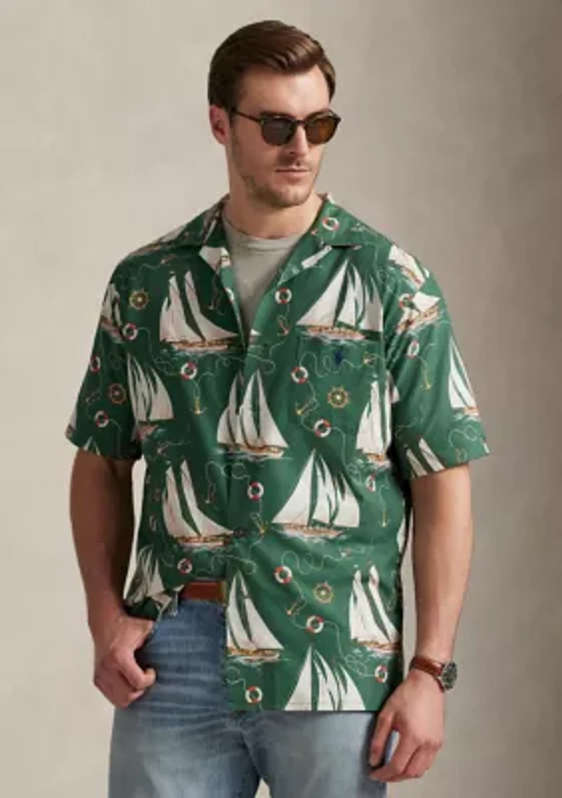 Big & Tall Sailboat-Print Oxford Camp Shirt