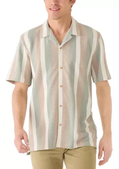 Men's Short Sleeve Textured Striped Button Front Shirt