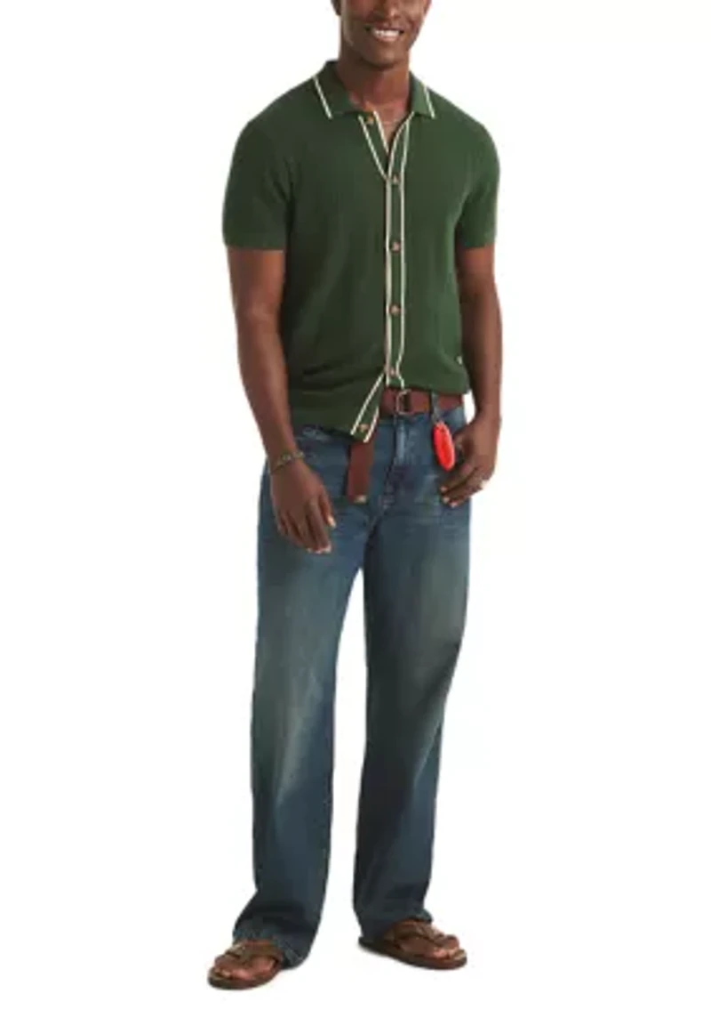 Big & Tall Textured Open Front Polo Sweater