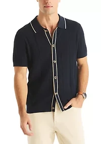 Men's Textured Open Front Sweater Polo
