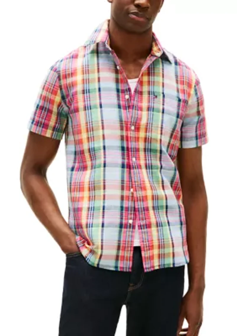 Men's Linen Blend Madras Short Sleeve Shirt