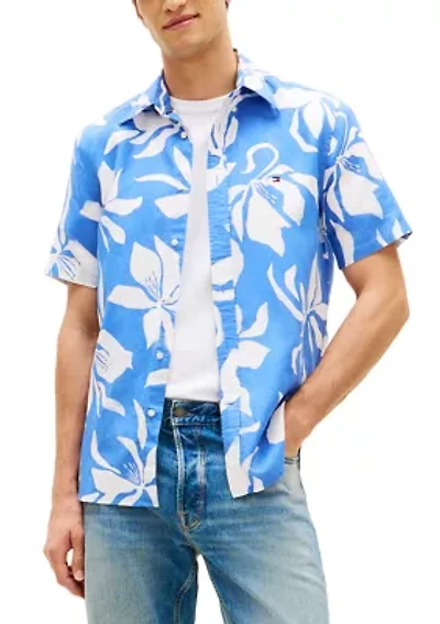 Men's Linen Blend Flower Printed Short Sleeve Shirt