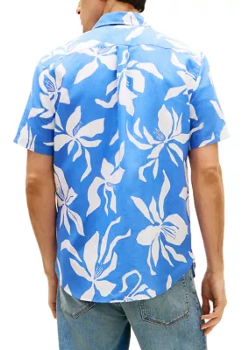 Men's Linen Blend Flower Printed Short Sleeve Shirt