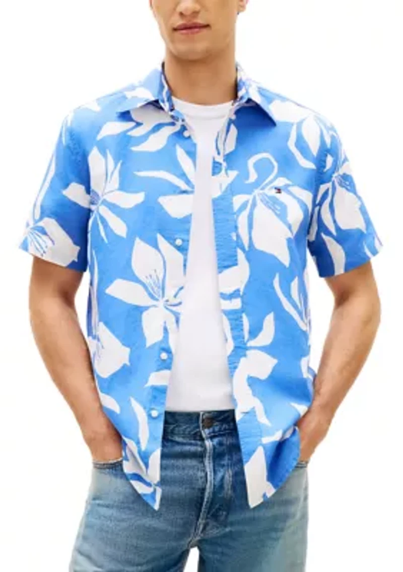 Men's Linen Blend Flower Printed Short Sleeve Shirt