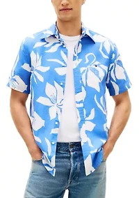 Men's Linen Blend Flower Printed Short Sleeve Shirt