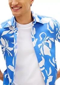 Men's Linen Blend Flower Printed Short Sleeve Shirt