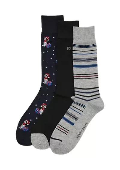 3-Pack Dog & Stripe Pattern Socks