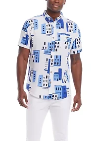 Men's Short Sleeve Patterned Linen Cotton Shirt