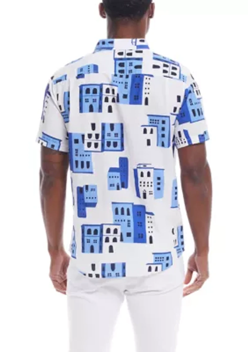 Men's Short Sleeve Patterned Linen Cotton Shirt