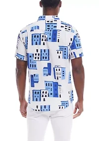 Men's Short Sleeve Patterned Linen Cotton Shirt