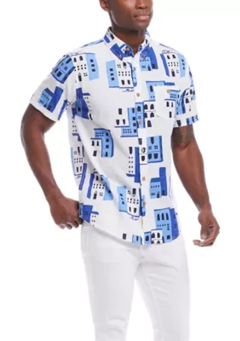 Men's Short Sleeve Patterned Linen Cotton Shirt