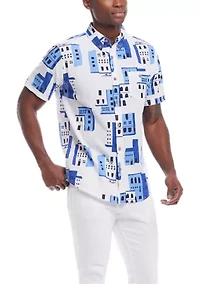 Men's Short Sleeve Patterned Linen Cotton Shirt
