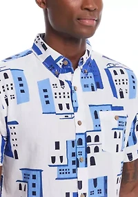 Men's Short Sleeve Patterned Linen Cotton Shirt