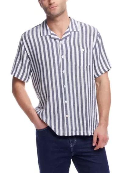 Men's Short Sleeve Cotton Linen Airtex Stripe Shirt