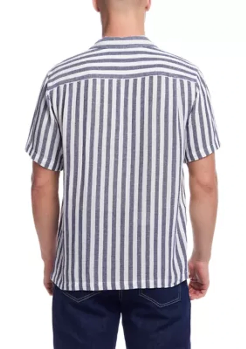 Men's Short Sleeve Cotton Linen Airtex Stripe Shirt
