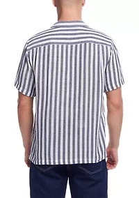 Men's Short Sleeve Cotton Linen Airtex Stripe Shirt