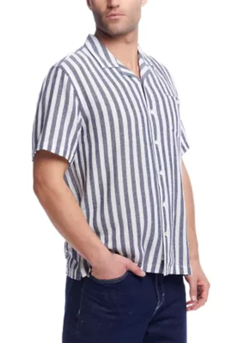 Men's Short Sleeve Cotton Linen Airtex Stripe Shirt