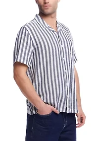 Men's Short Sleeve Cotton Linen Airtex Stripe Shirt