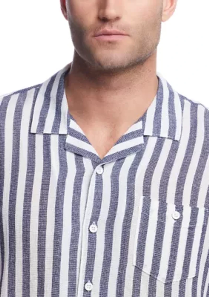 Men's Short Sleeve Cotton Linen Airtex Stripe Shirt