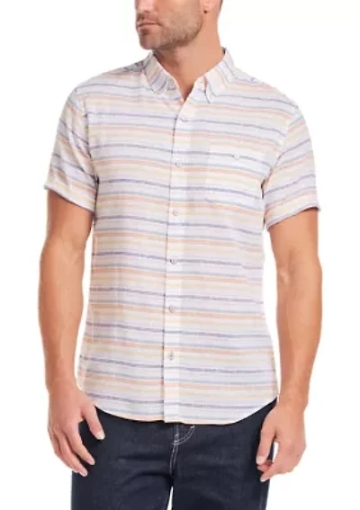 Men's Short Sleeve Linen Cotton Stripe Shirt
