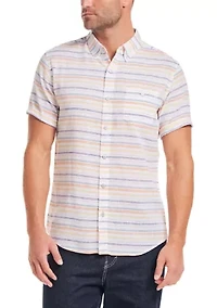 Men's Short Sleeve Linen Cotton Stripe Shirt