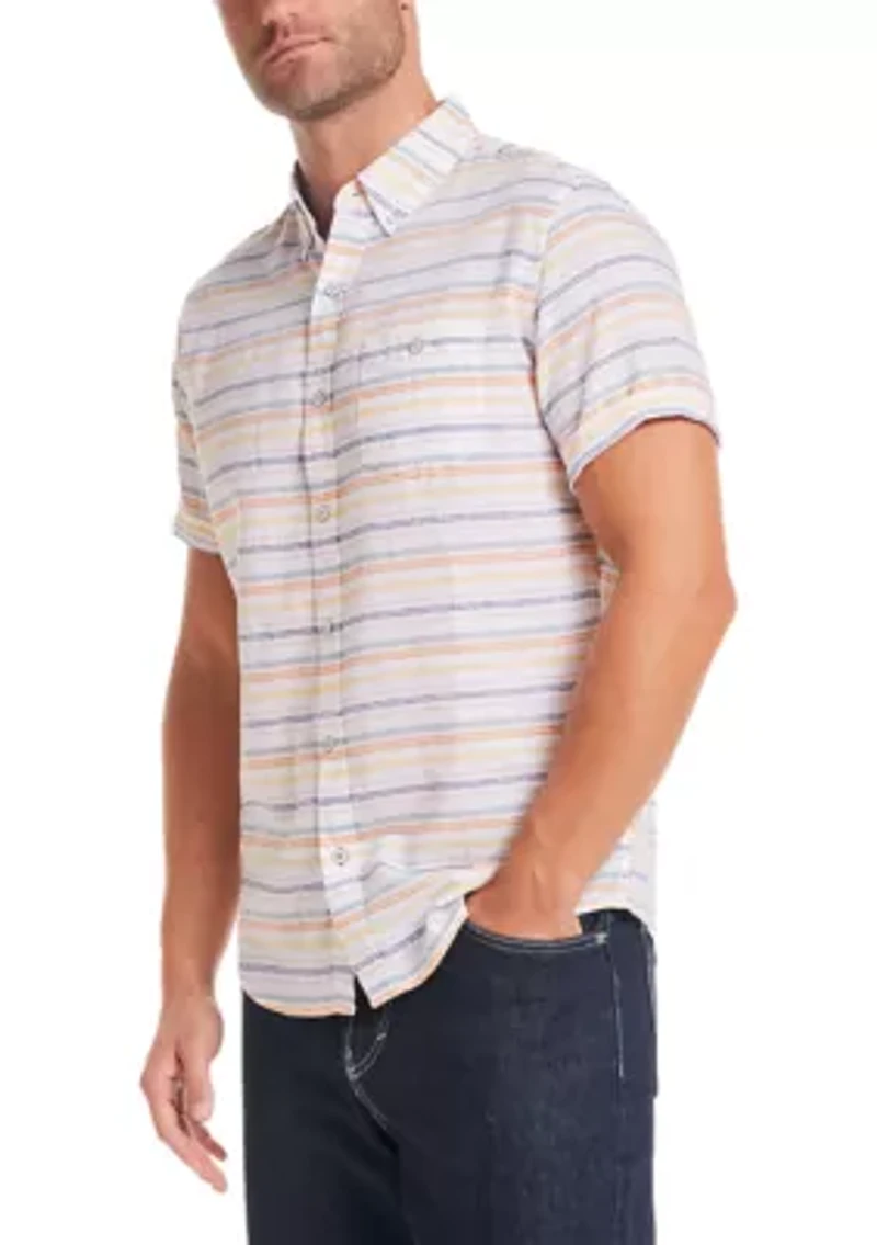 Men's Short Sleeve Linen Cotton Stripe Shirt