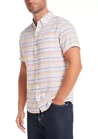 Men's Short Sleeve Linen Cotton Stripe Shirt