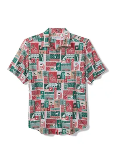 Short Sleeve Coastal Gift Wrap Print Button Down Shirt