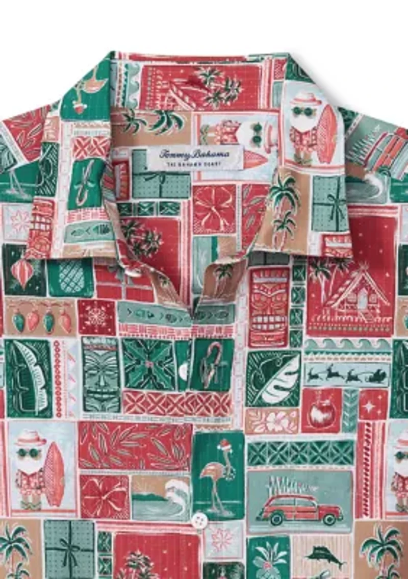 Short Sleeve Coastal Gift Wrap Print Button Down Shirt